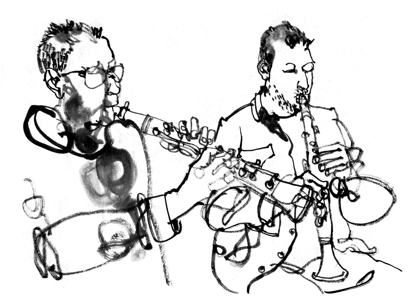 Ink drawing of two clarinet players