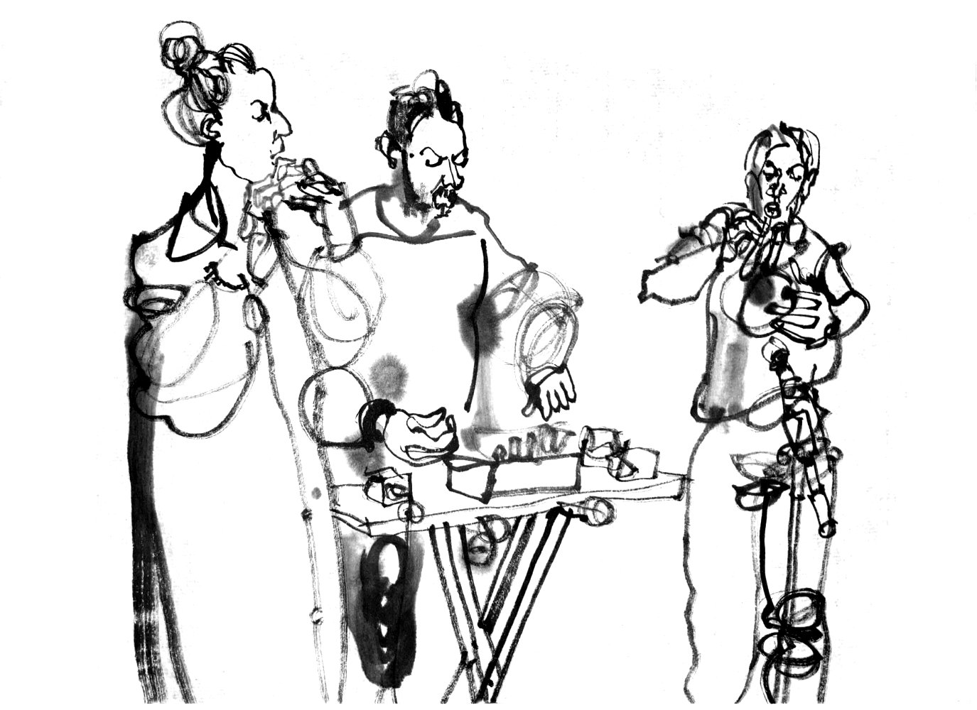 Ink drawing of three musicians, a woman on flute, a man at a desk with electronics, and a woman on trumpet.