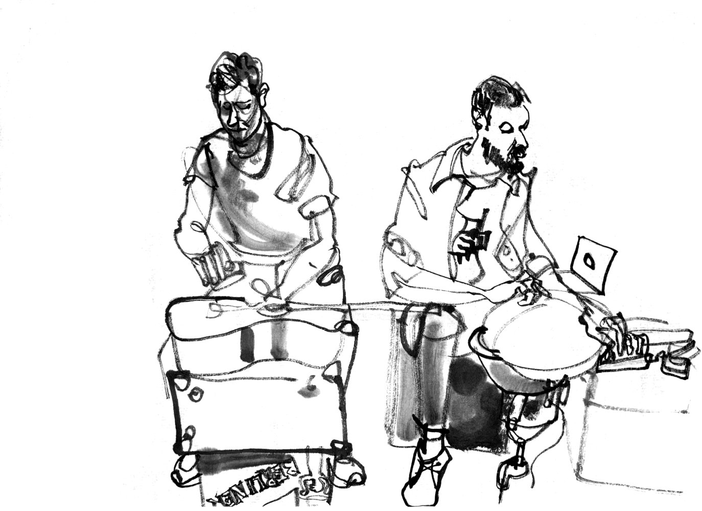 Ink drawing of two musicians, guitar eith amp and some device ...
