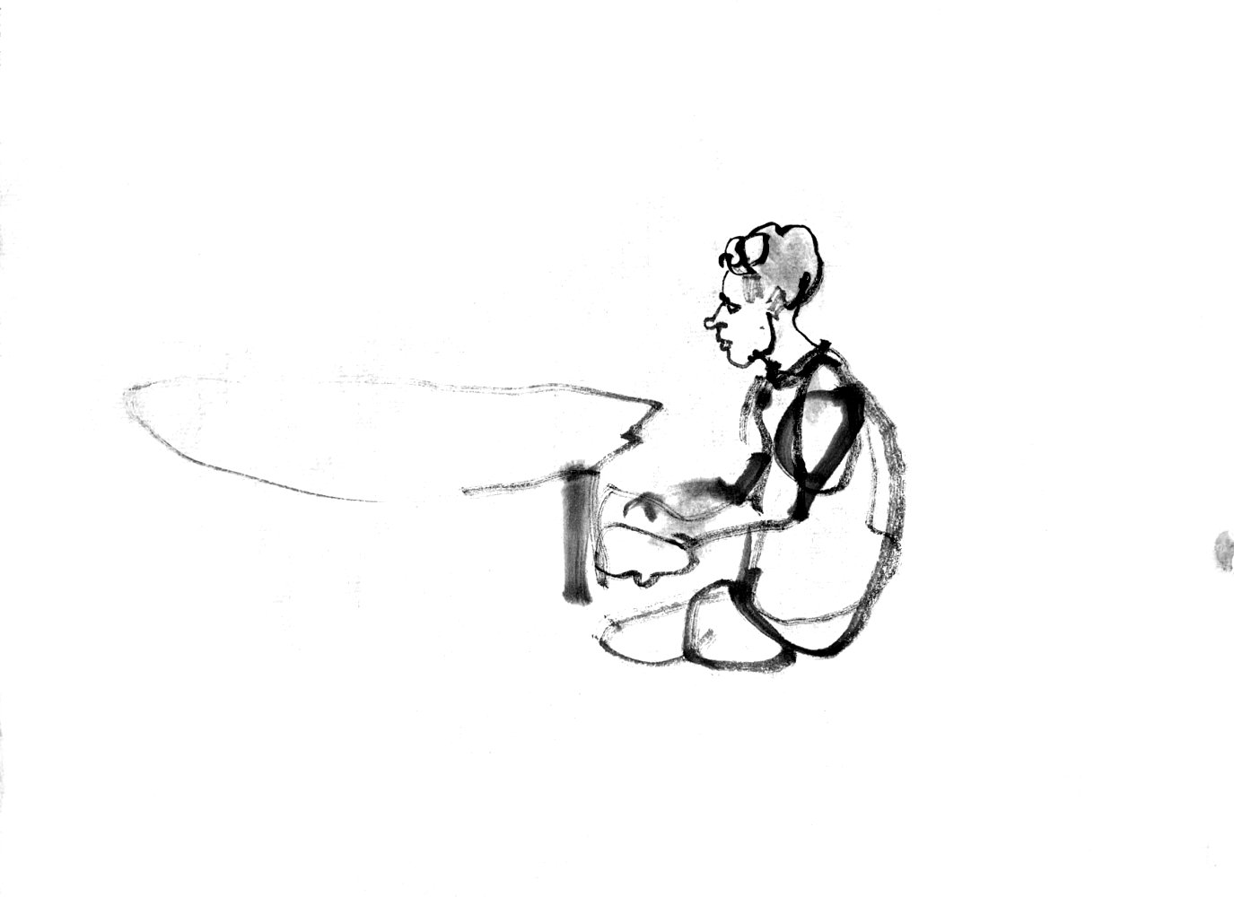 Ink drawing of a woman at the piano.