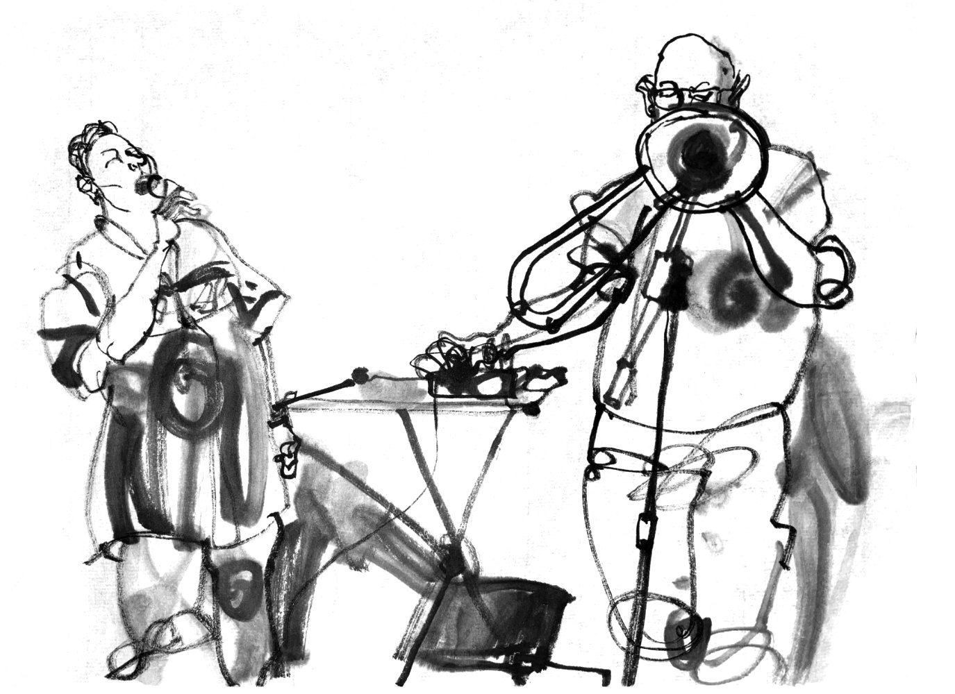 Ink drawing of a singer and a trombonist.