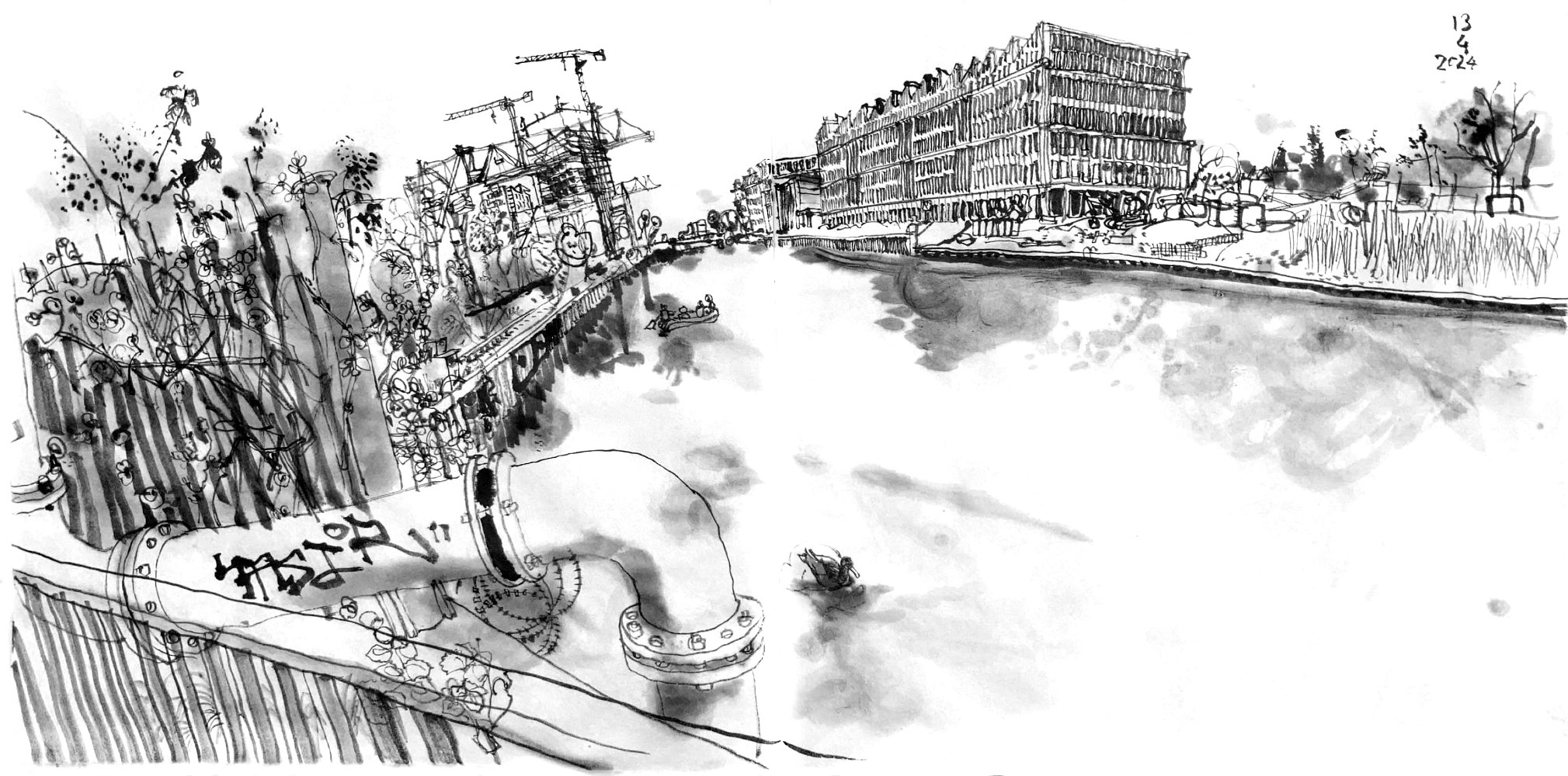 Ink drawing of a canal: on the left in the foreground is a pipe, coming from above and bending twice, into the canal. Behind the pipe is a fence, behind the fence a site on the left canal bank with some small trees and two harbour cranes, reching fro the site a bit over the canal. bejind the cranes in the backgound is a high rise building under construction, two construction work cranes aide of it. On the right (opposite) bank of the canal are office buildings, one brand new in front, some construction machines and material still aside of it. In the canal is a duck in the foreground and a rubber dinghy with four passengers further back.