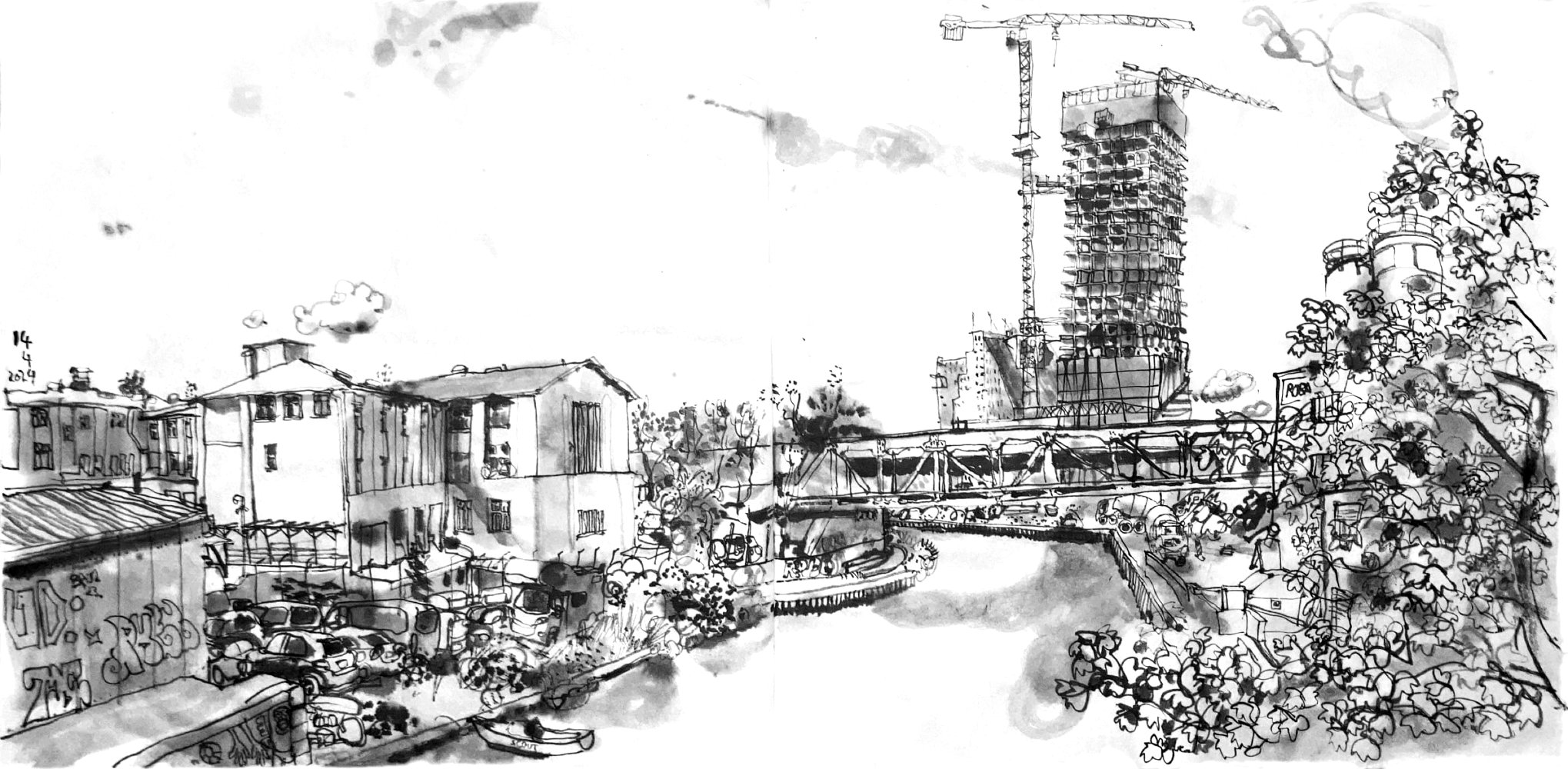 Ink drawing of a canal, one to three store buildings on the left bank, lots of cars beneath them,two railway bridges in front, railway tracks underneath on the left bank, on the right bank some concrete mixer trucks, silos and other buildings hidden behind a tree. In the back behind the railway bridges is a high rise building under construction. Two small dinghies in the canal, moored to the left bank.