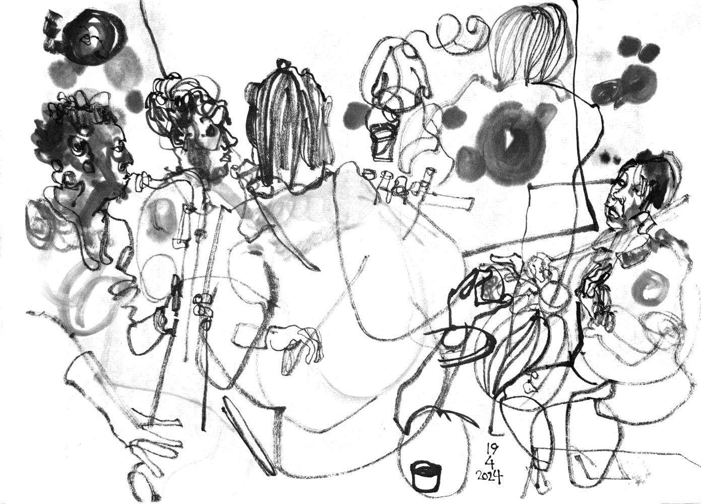 Ink drawing of five people performing: man on saxophone,  cellist, woman on flute, woman manipulating objects (depicted twice), violonist. A projection of a smoking piece of cloth behind the performers.