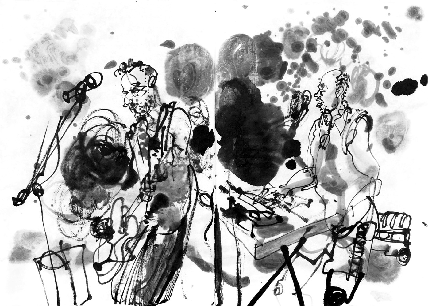 Ink ddawing of two musicianss, baseplayer and guy behind desk with electronics, both have mics too.