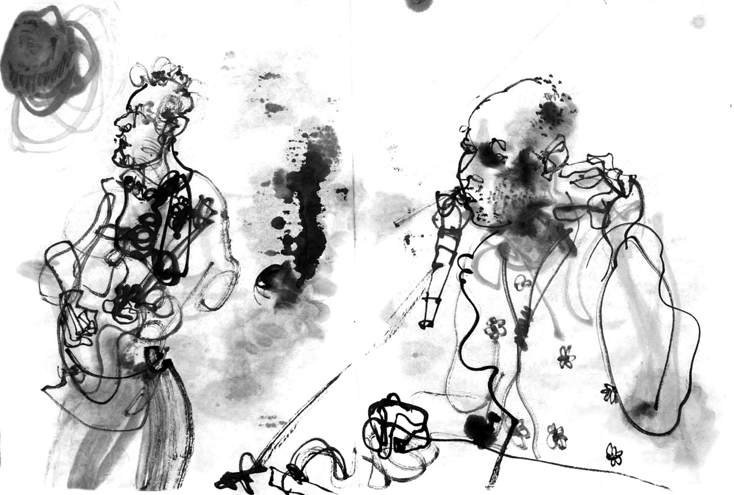 Ink ddawing of two musicianss, baseplayer and guy behind desk with electronics, both have mics too.