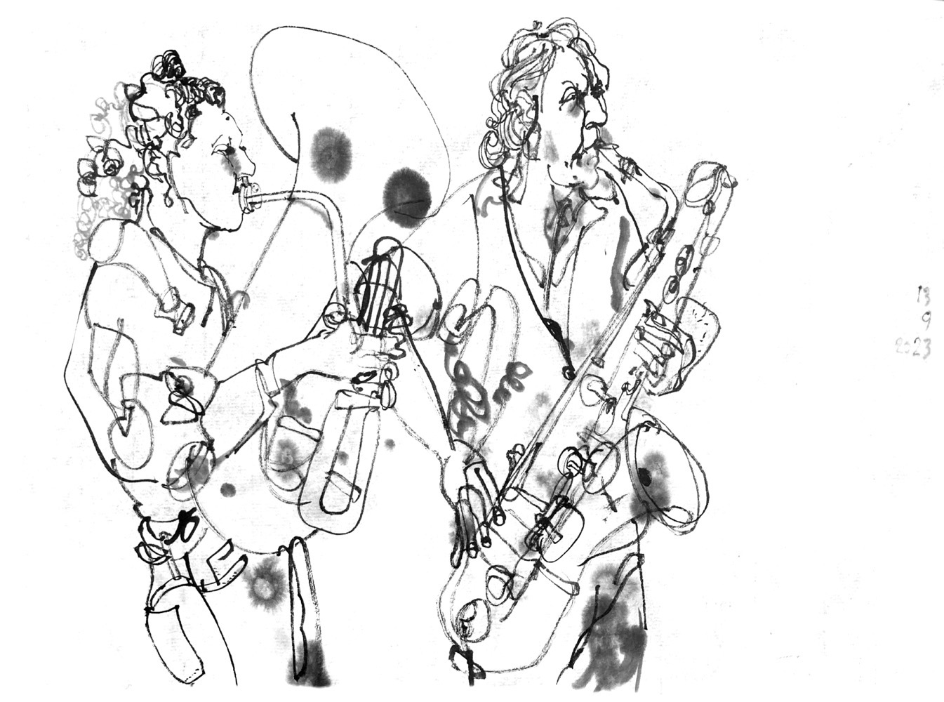 Ink drawing of two musicians.