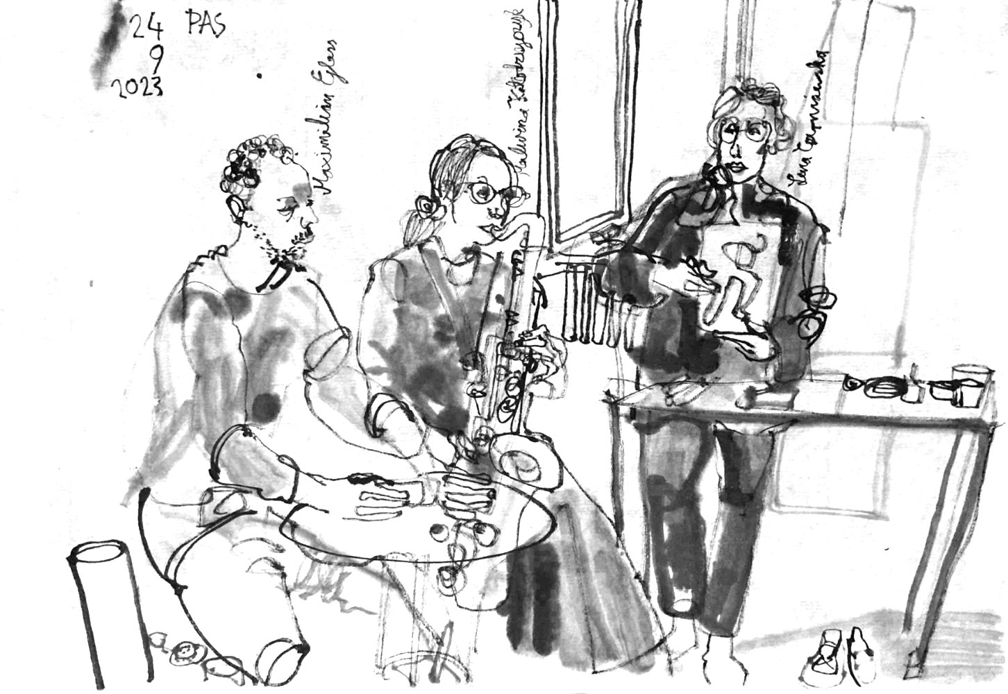 Ink drawing of three performers.
