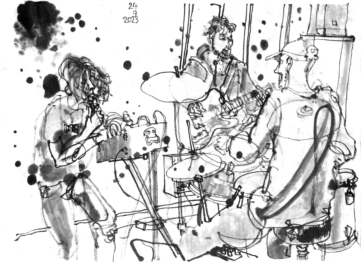 Ink drawing of three musicians