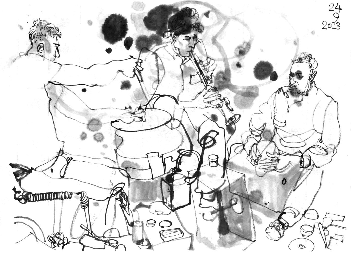 Ink drawing of three musicians.