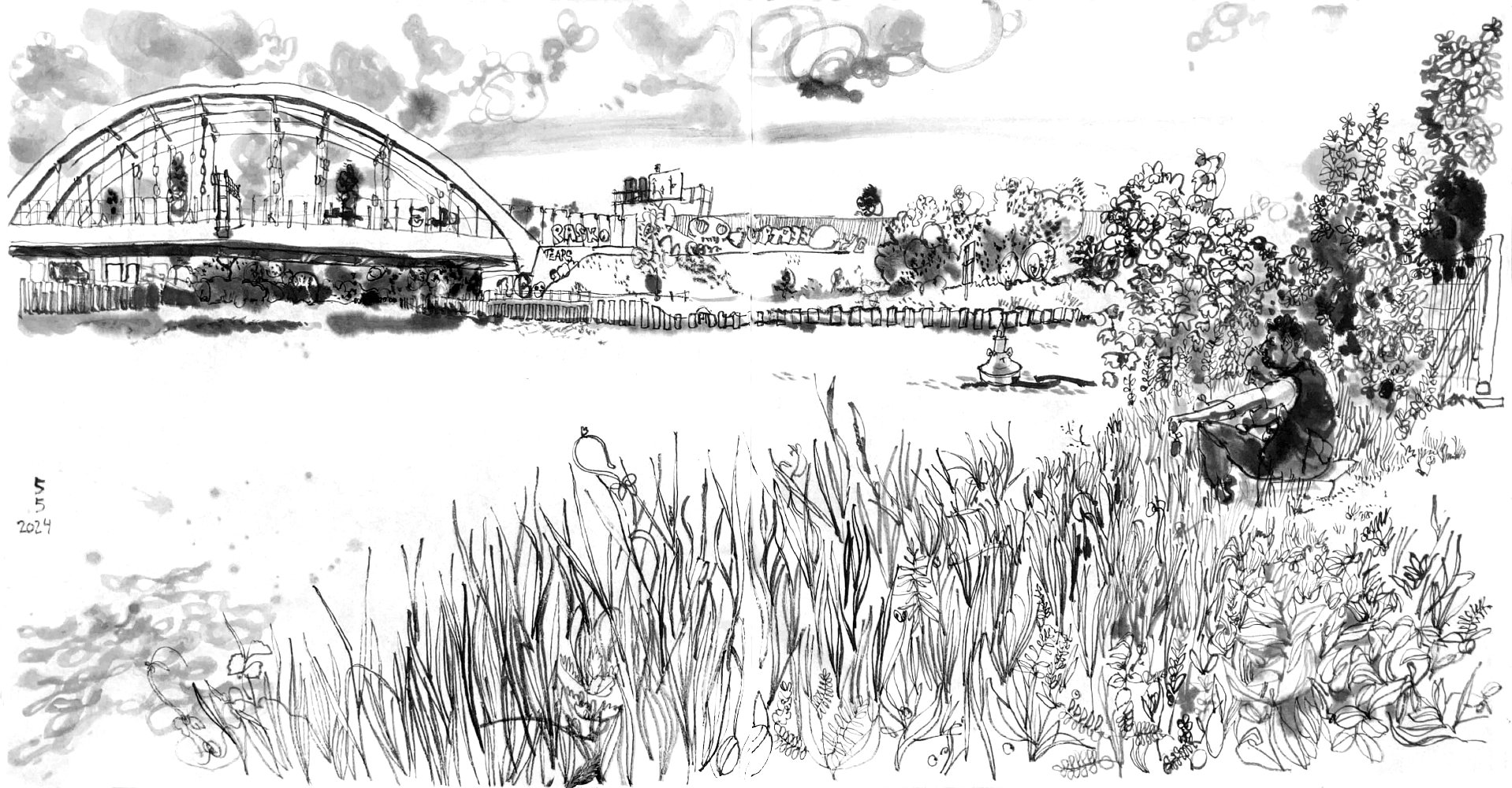 Ink drawing of a junction of two canals: In the up left of the image is a bridge, driveways hanging from 3 steel bows, a canal is branching of another canal,. In the Canal, that crosses the image horizontally, a buoy is floating. In the below right there is grass on the bank of the canal, two men sitting in it, viewing onto the canals. 