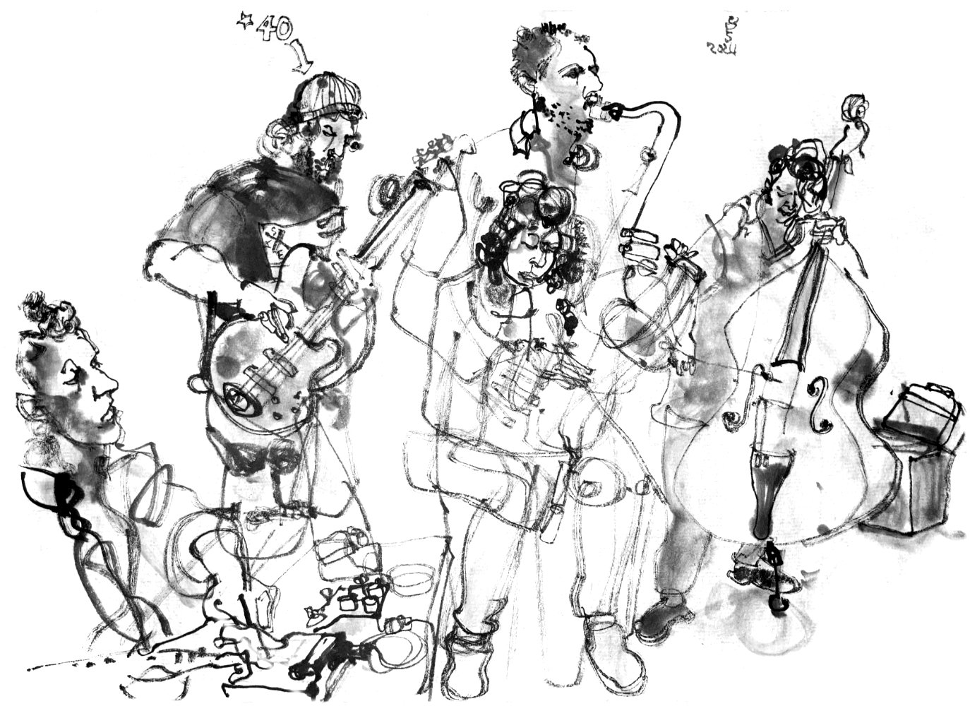 Ink drawing of five musicians.