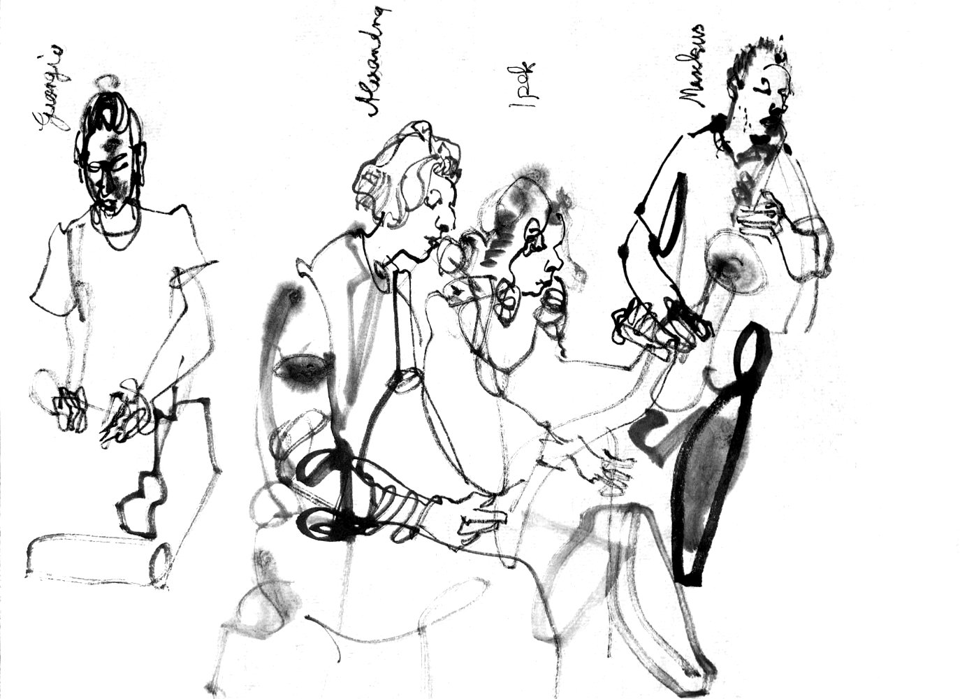 Ink drawing of four musicians.