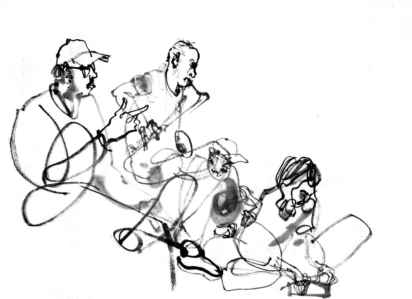 Ink drawing of four musicians.