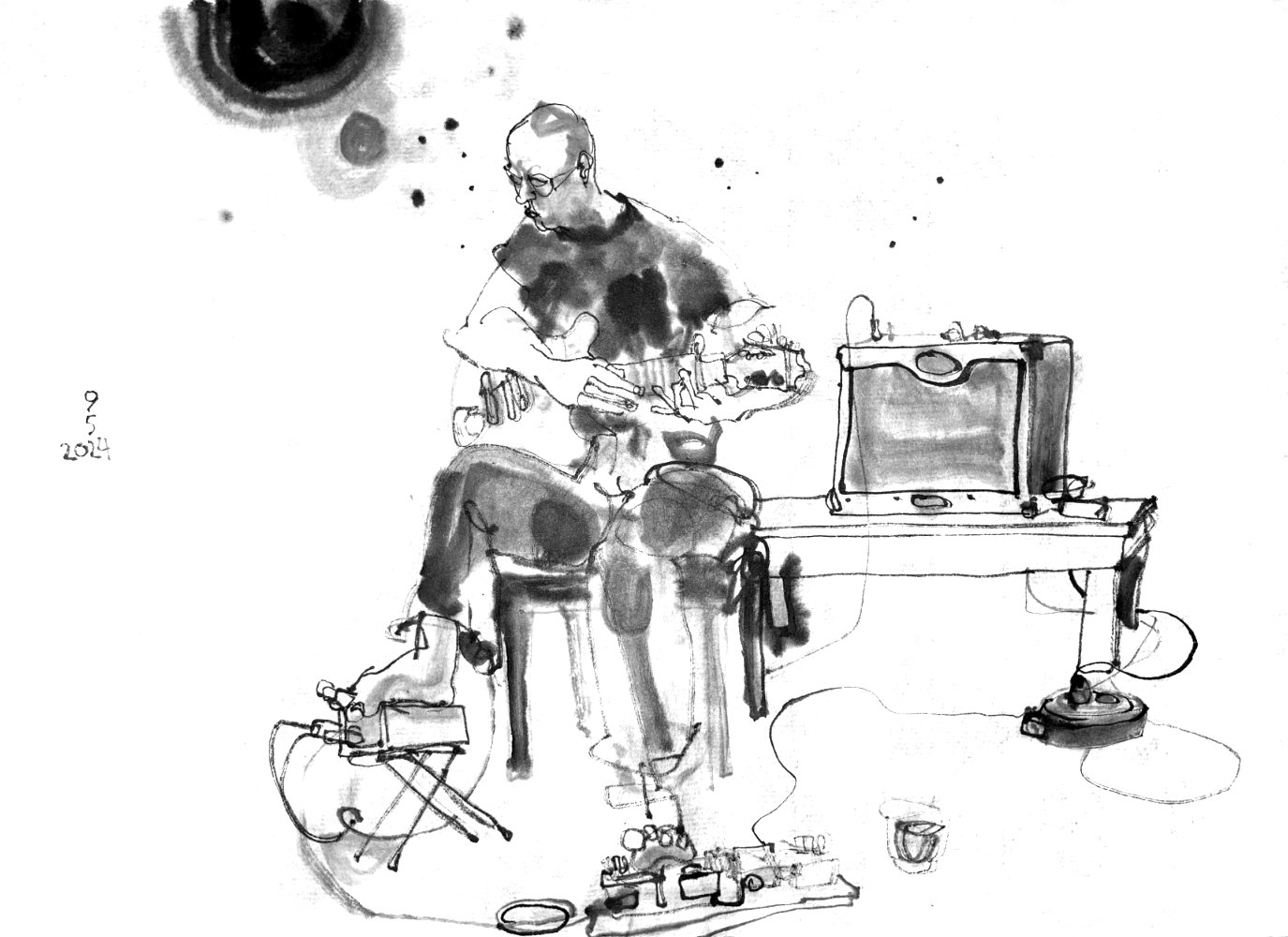Ink drawing of a guitar player, using lots of pedals with bare feet.