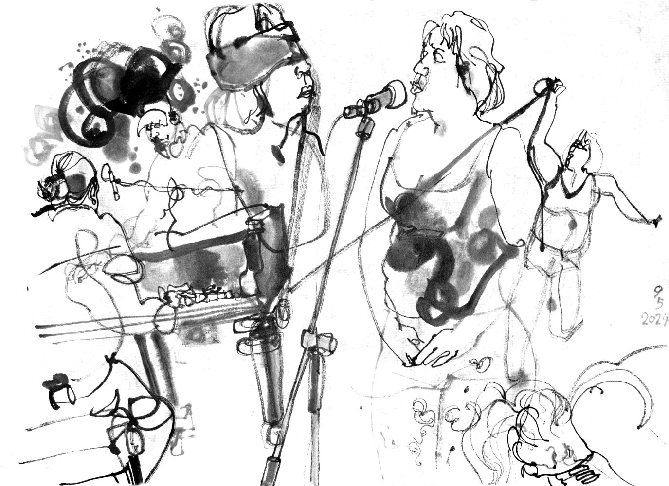 Ink drawing of two performers, a man playing piano (on the keyboard and inside and a woman, singing, performing with gaffa tape and manipulating a toy keyboard with her head.