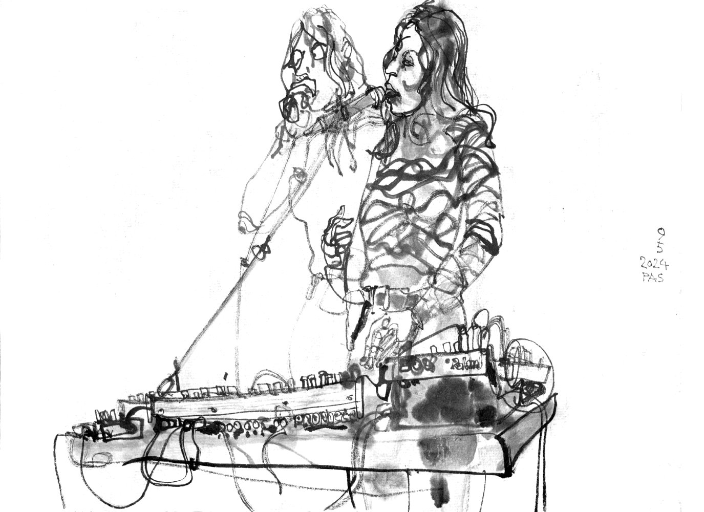 Ink drawing of a female singer, depicted twice, standing behind a desk with electronic devices.