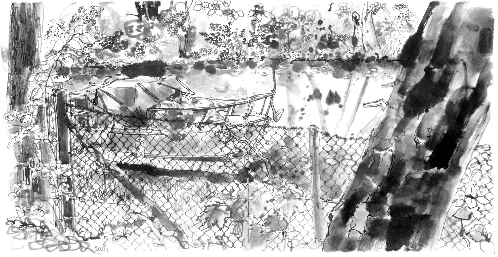Ink drawing of a piece of canal, a boat seen beneath two trews and behind a fence.