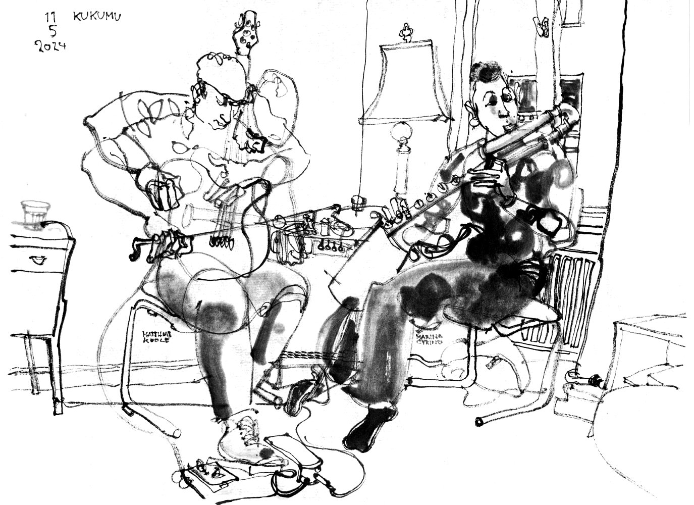 Ink drawing of a man, playing the guitar (depicted twice, bowing and picking) and a woman, playing a flute.