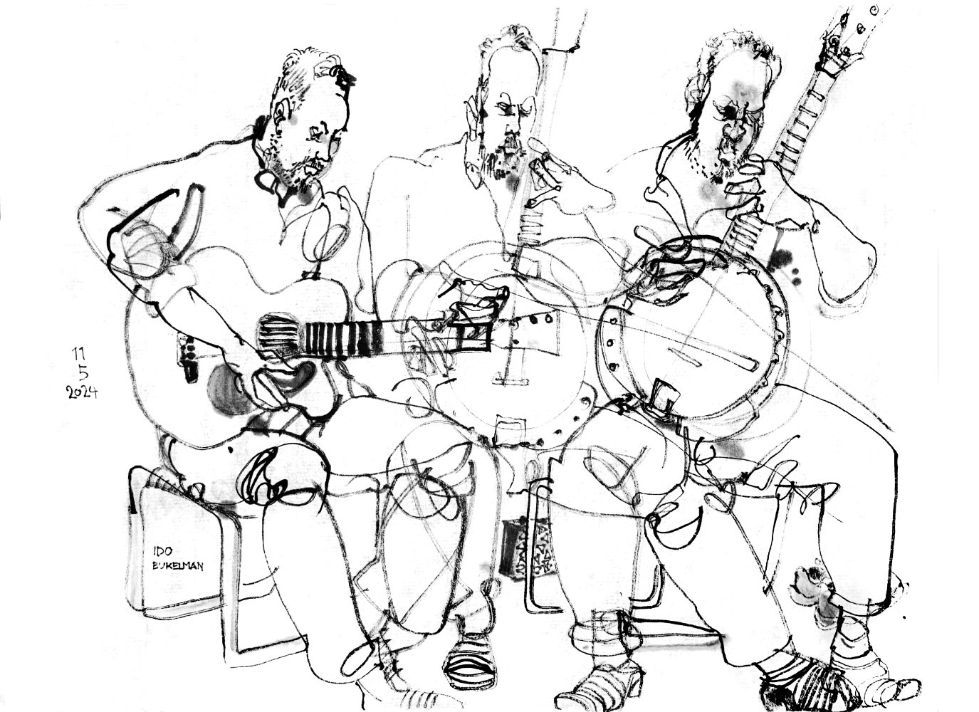 Ink drawing of a male musician, depicted three times, once playing an acoustic guitar, twice playing a banjo with a bow