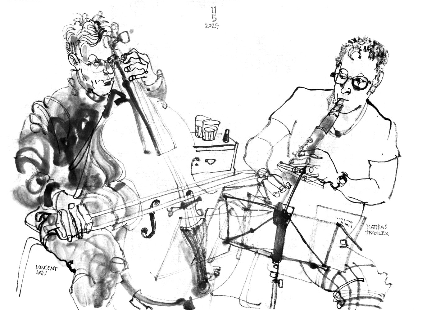 Ink drawing of two mal musicians, playing cello and clarinet.