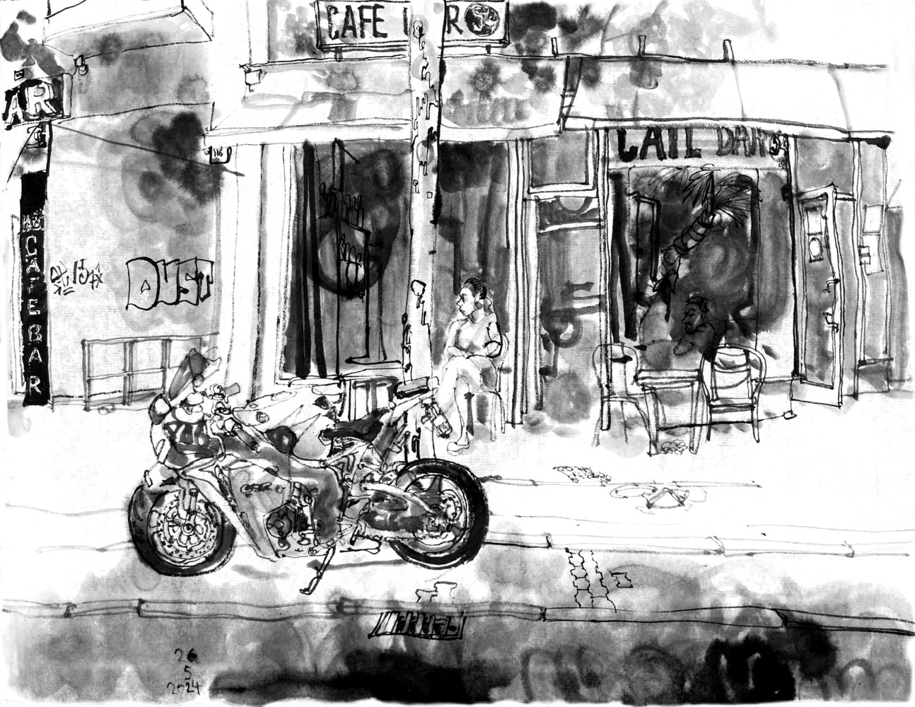 Ink drawing of a café at a street. The café has signs with ‘café bar 54’ on it, in front a woman sits on a chhair, a tree and a motorcycle in front of that, standing at a roadside. Left of the café is a gateway an the sign of another café, saying ‘park café bar’.