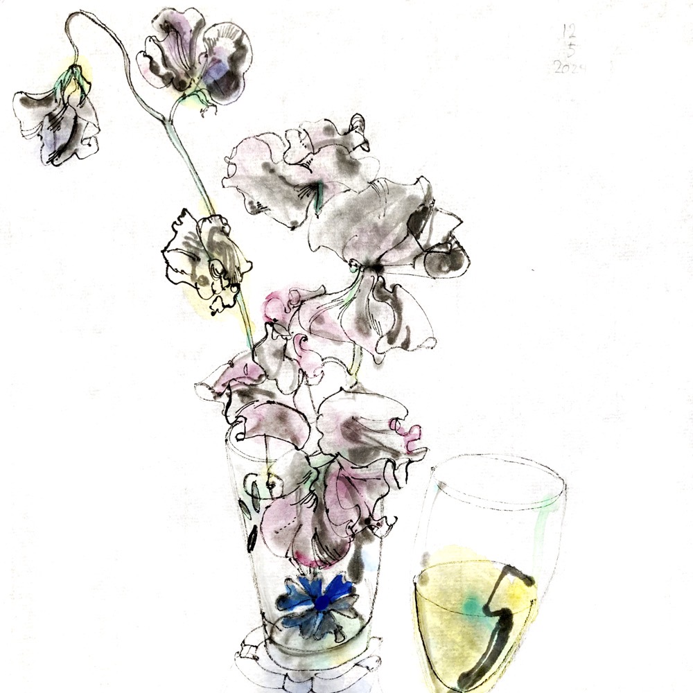 Colored ink drawing of a muglike glass as vase for some Vetches. Aside of it a slim glass with greenish wine.