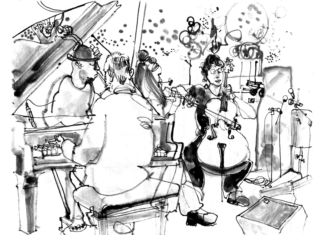 Ink drawing of musicians.