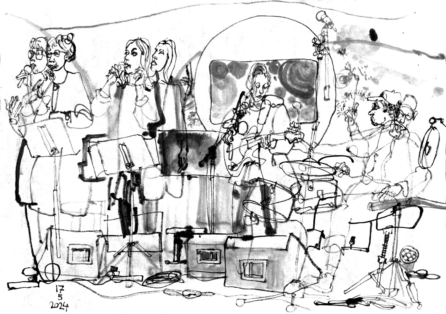 Ink drawing of musicians