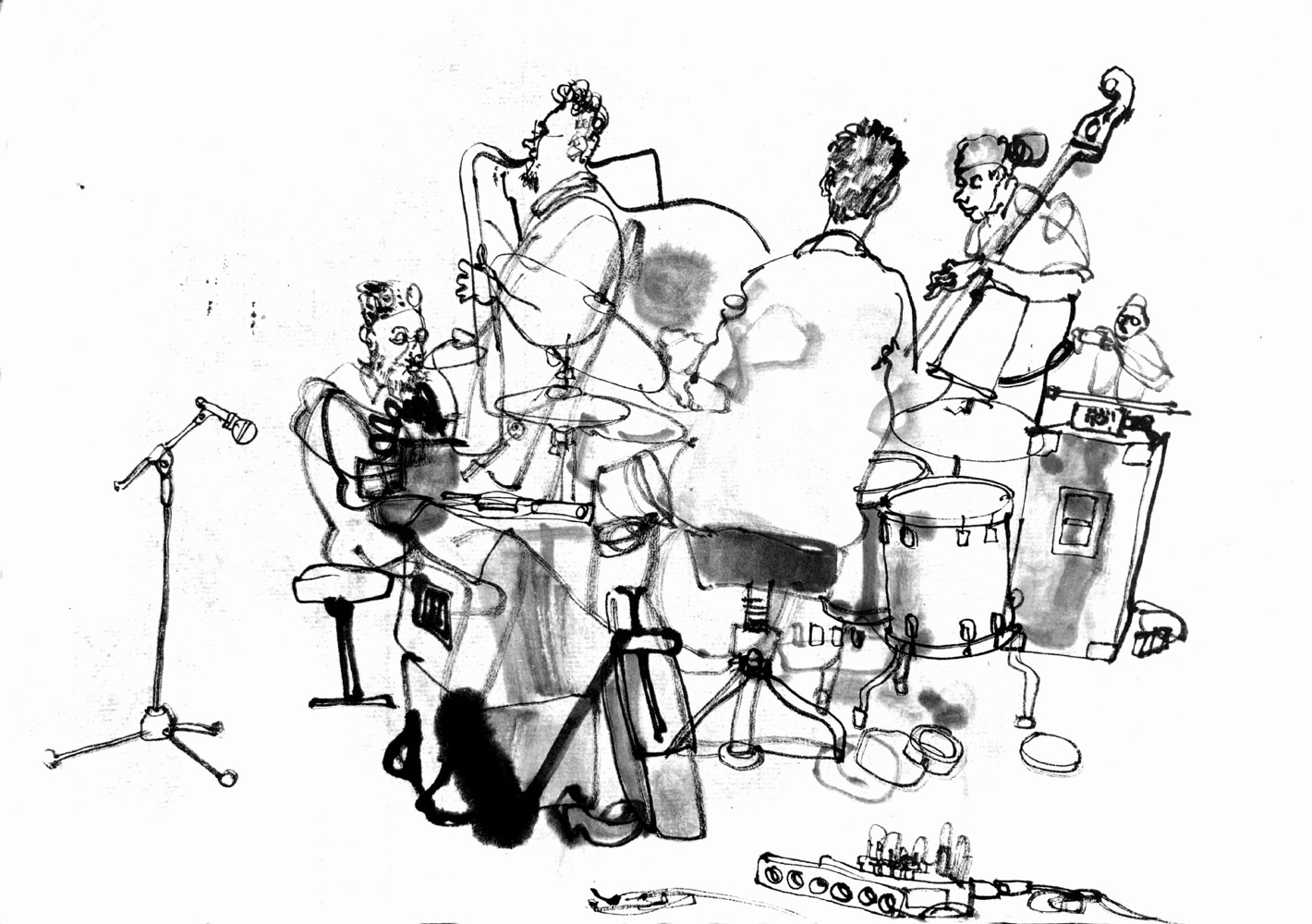Ink drawing of musicians.