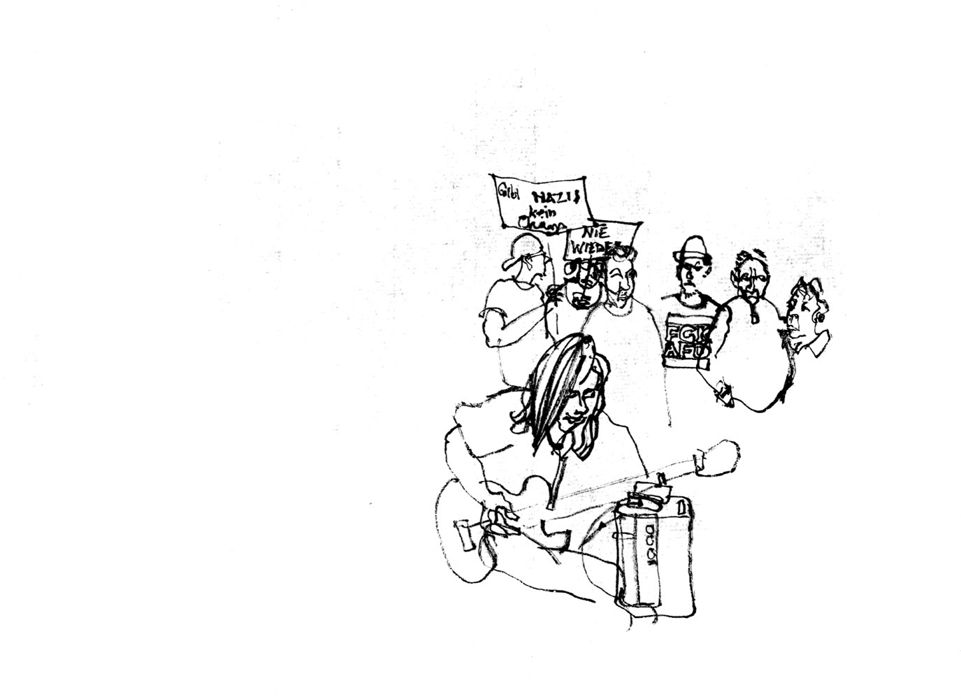 Ink drawing of a guitar player, some protesters adainst far right behind him.