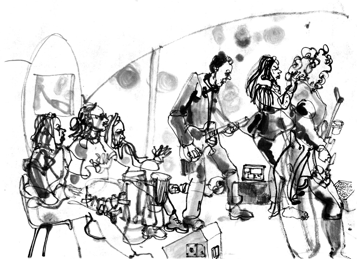 Ink drawing of 6 musicians.