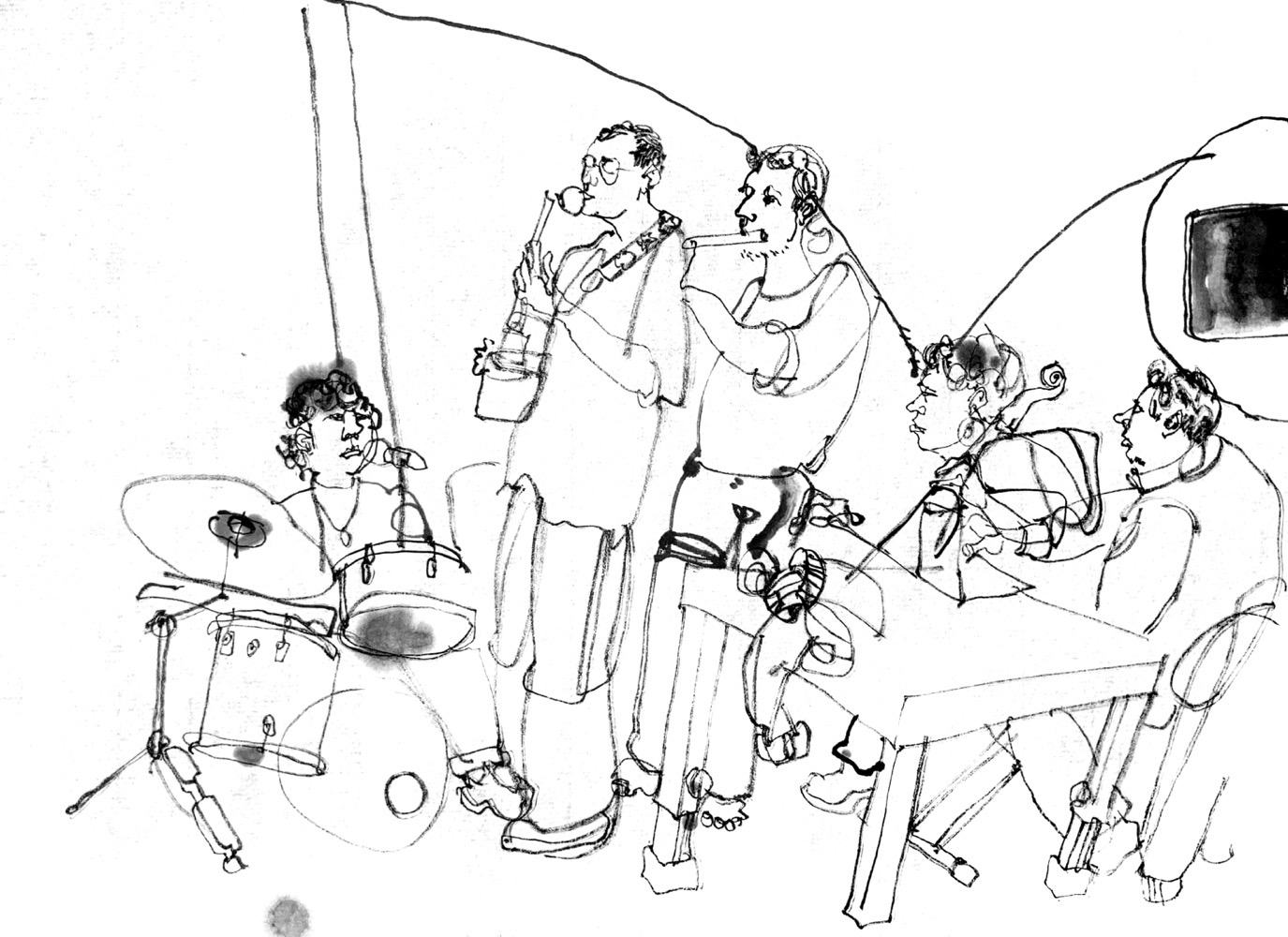 Ink drawing of 5 musicians.