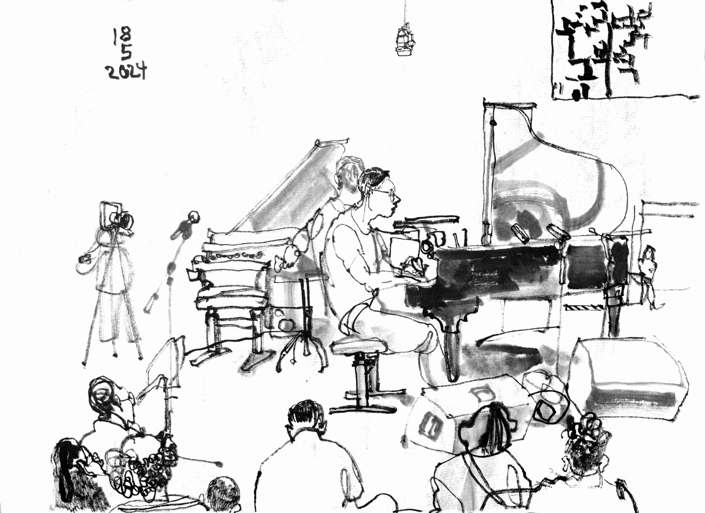 Ink drawing of a piano player with two grand pianos.