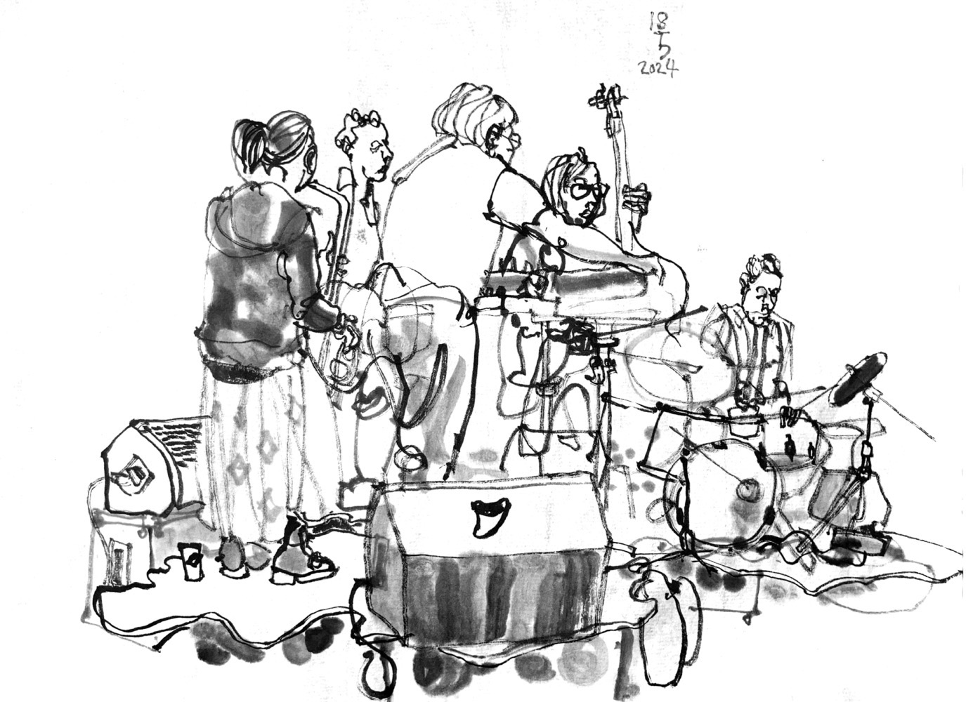 Ink drawing of 5 musicians.