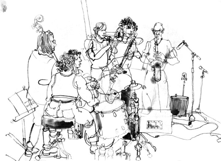 Ink drawing of 6 musicians.