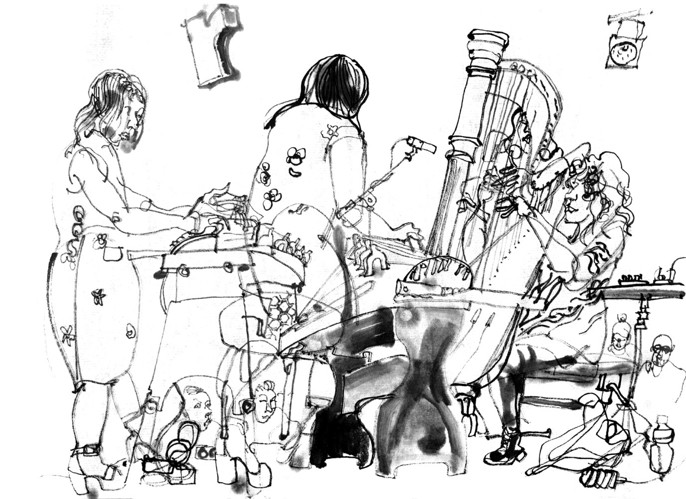 Ink drawingw of two female musicians, a Koto player (depicted twice) and an harp player (depicted twice)