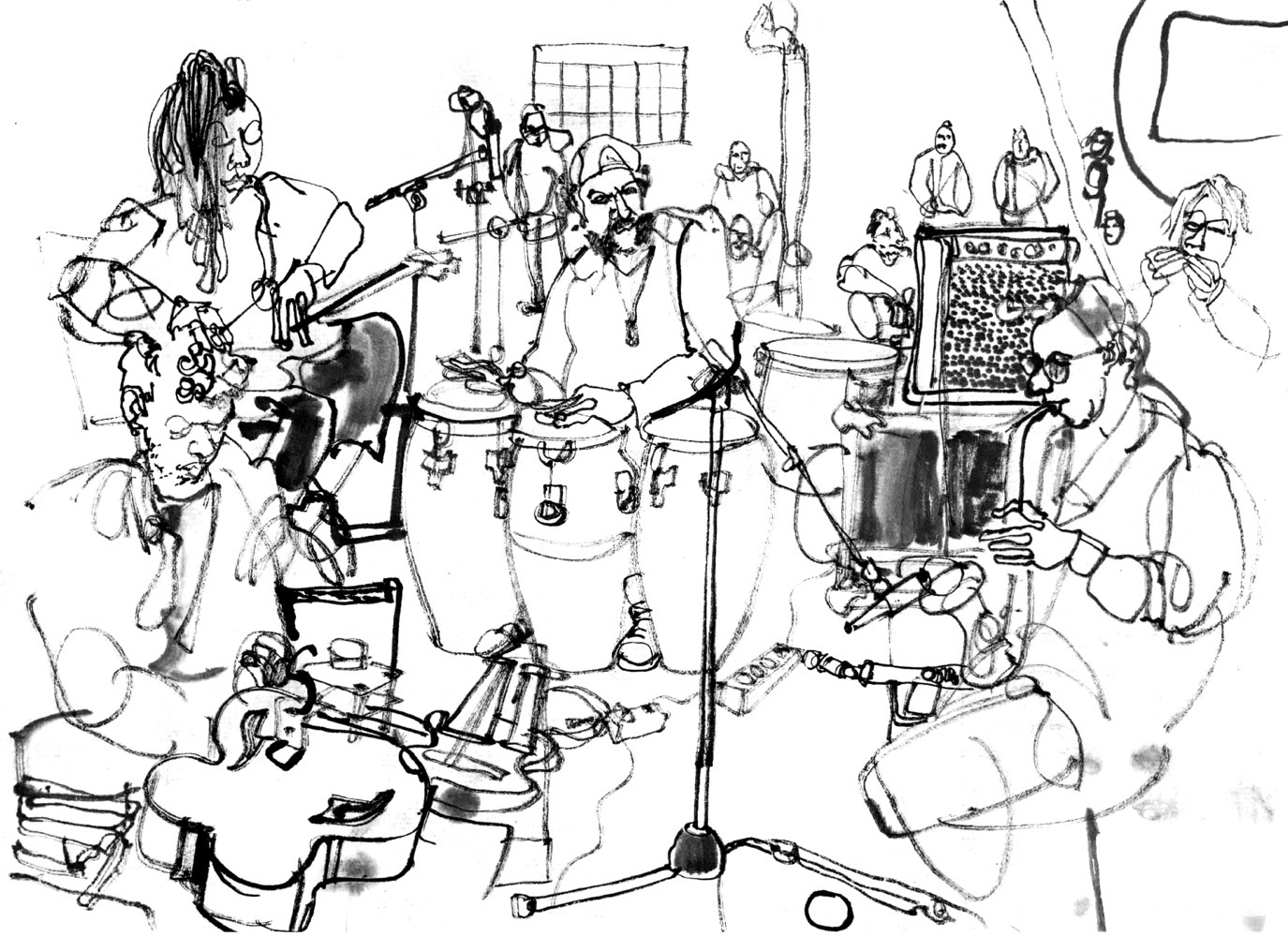 Ink drawing of five musicians and some audience.