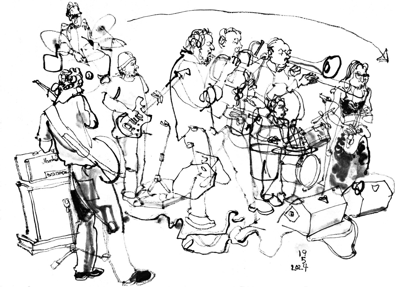 Ink drawing of a lot of musicians.