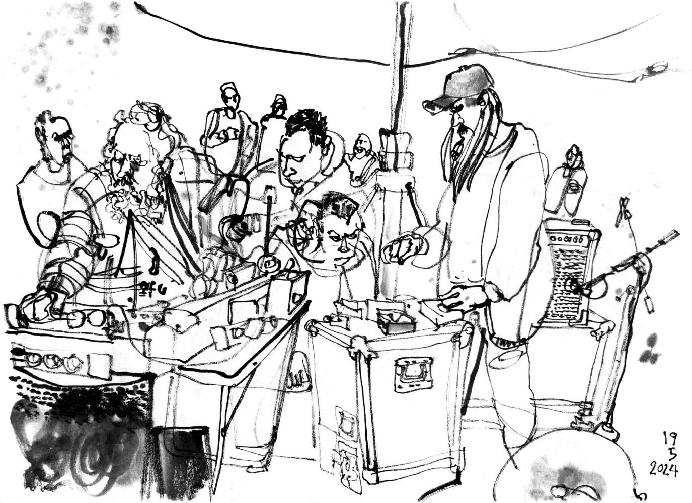 Ink drawing of three male musicians (one depicted twice), audience in the back.
