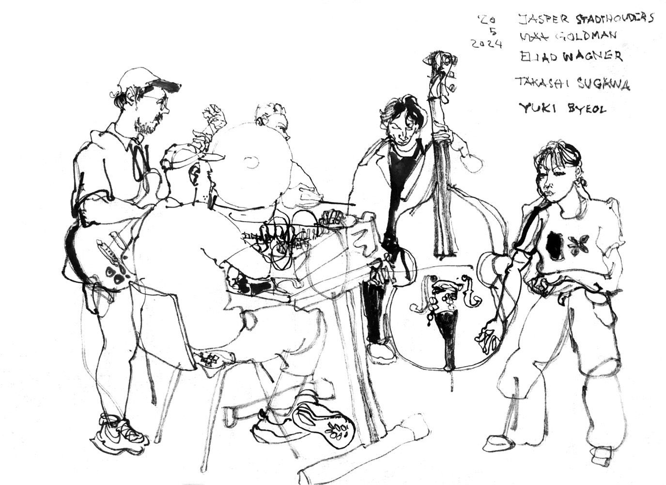 Ink drawing of three musicians and a dancer.