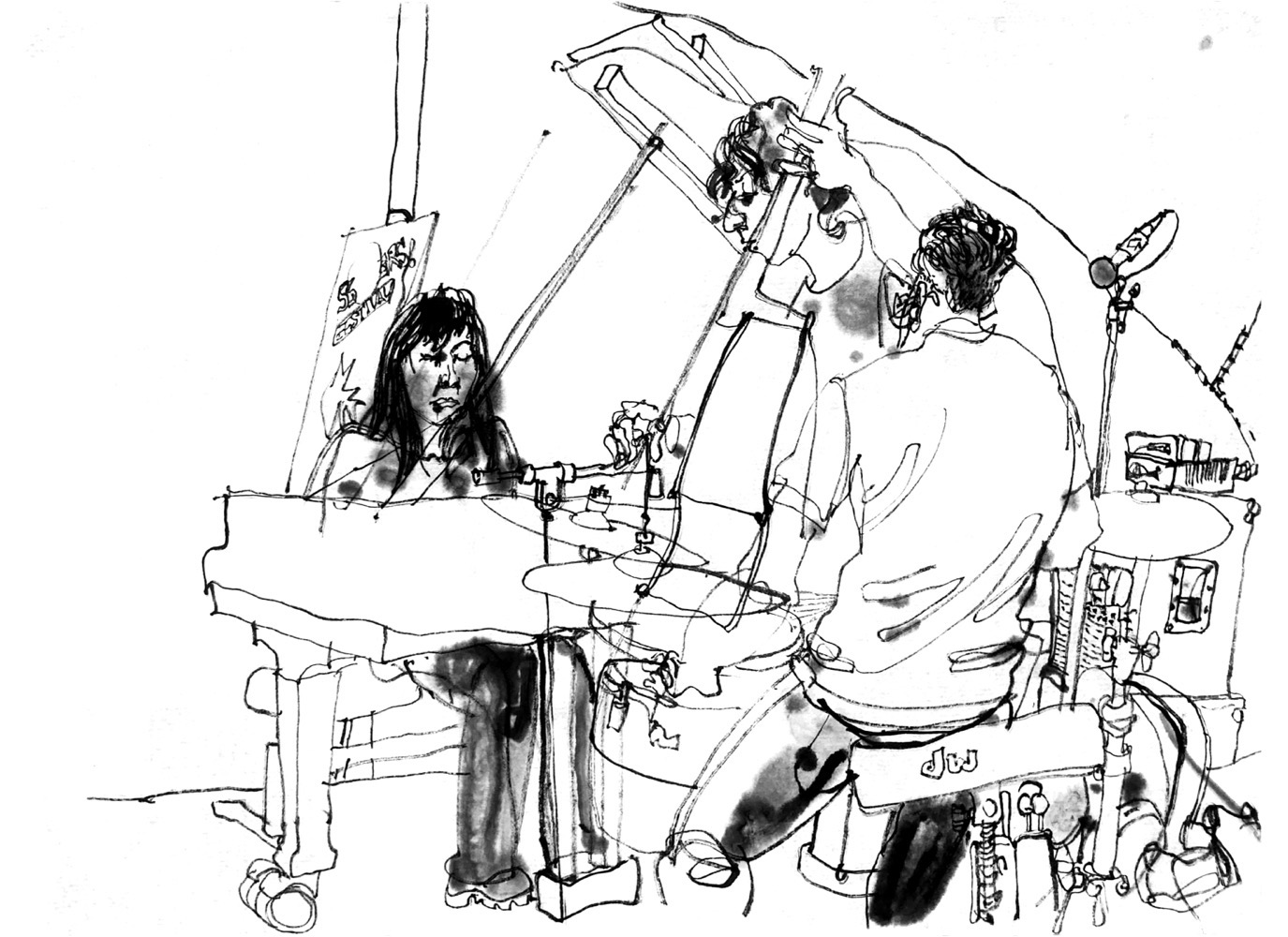 Ink drawing of three musicians.