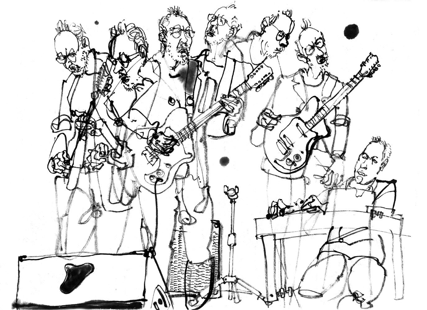 Ink drawing of a guitarist, depicted six times, and another man at a desk with laptop and more electronic devices.