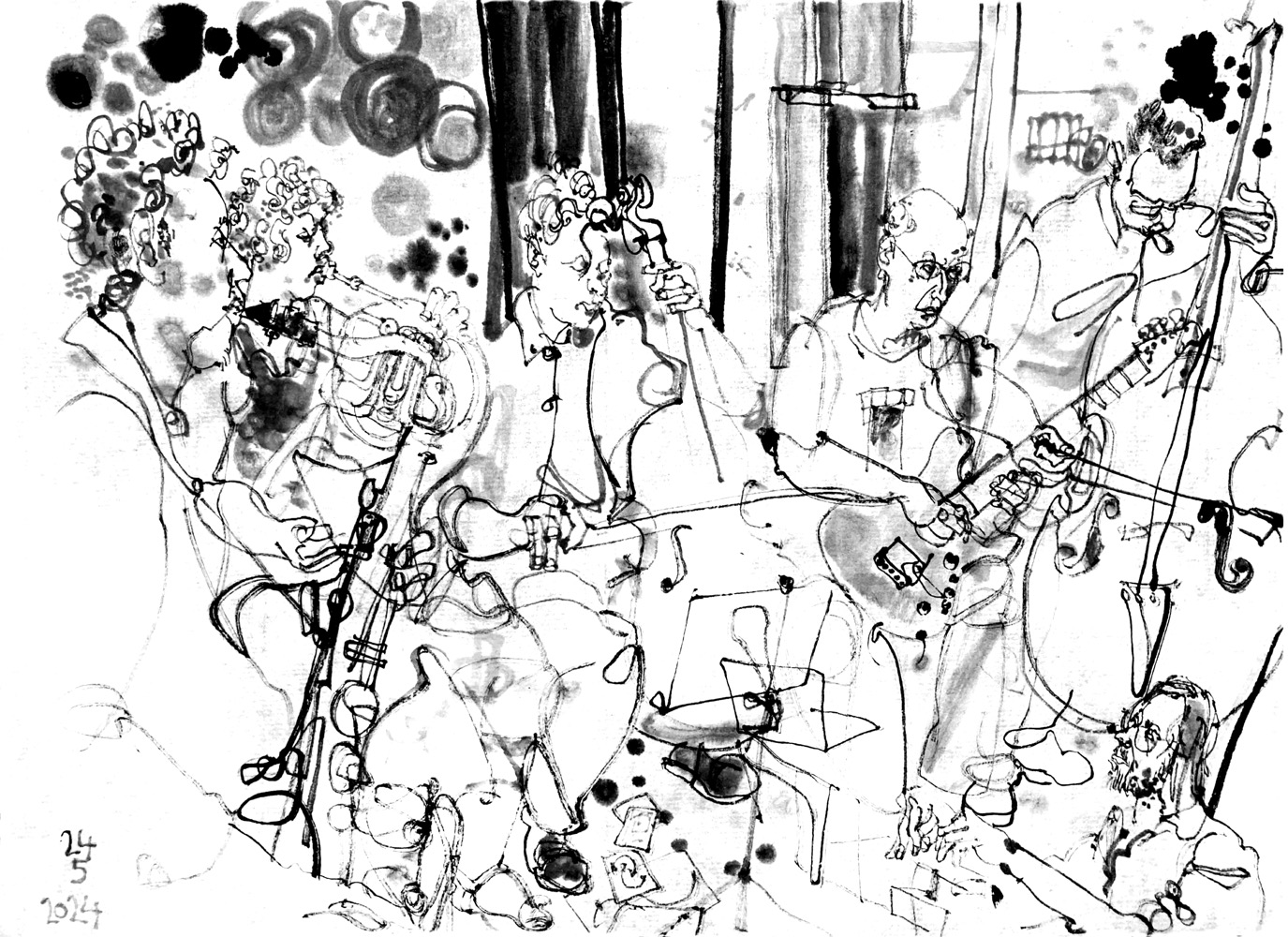 Ink drawing of six musicians