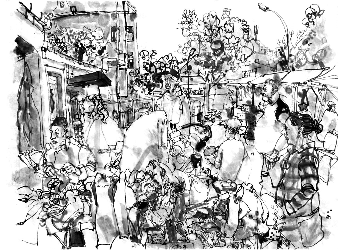Ink drawing of a crowded fleamarket, table with clothing in front, a lot of people behind and aside of it, market stalls to the right, fronts of old garages mto the left, a street with a n old apartment building on the left and some open space in front of one-store-business buildings in the back.