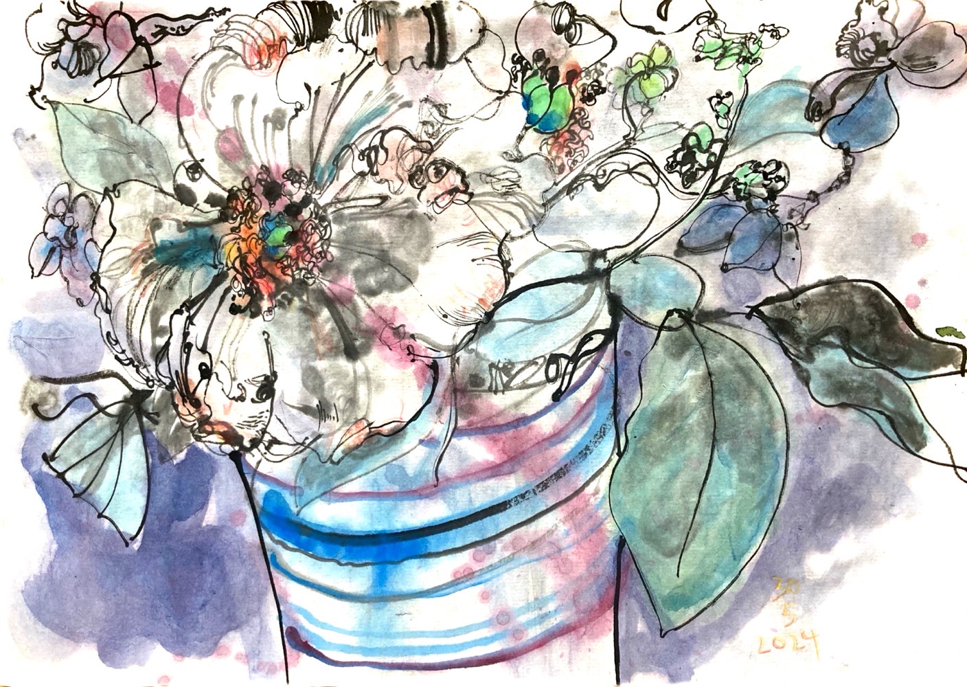 Colored ink drawing of a vase with some fading Peonies and delphiniums.
