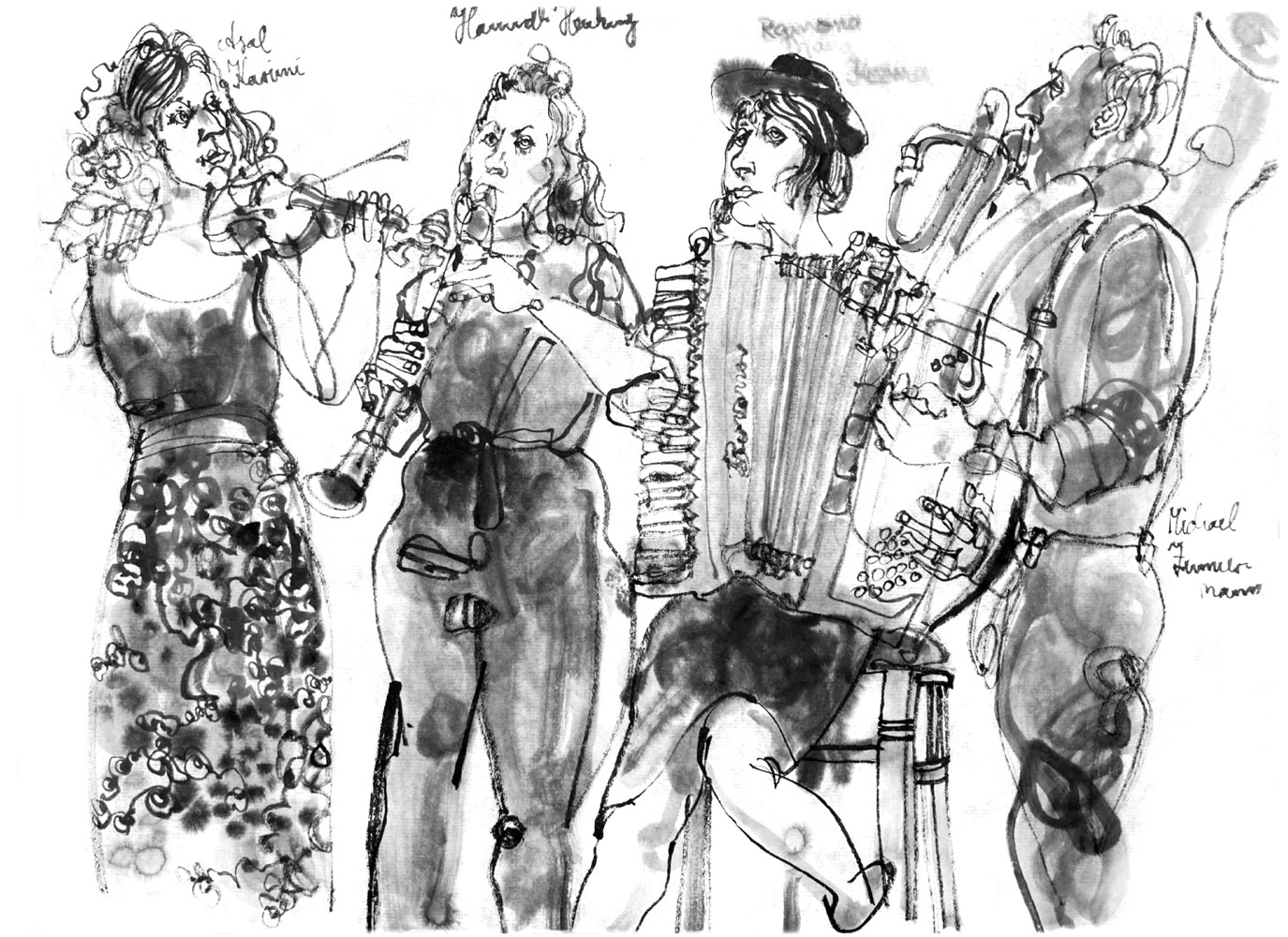 Ink drawing of four musicians