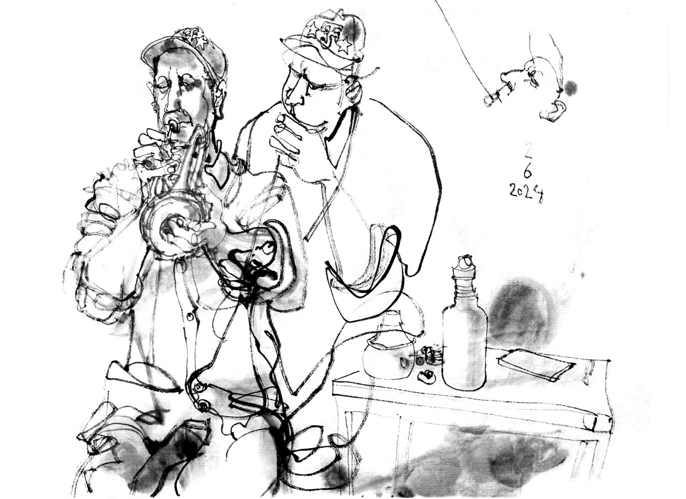 Ink drawing of a man, playing the trumpet, depicted three times.