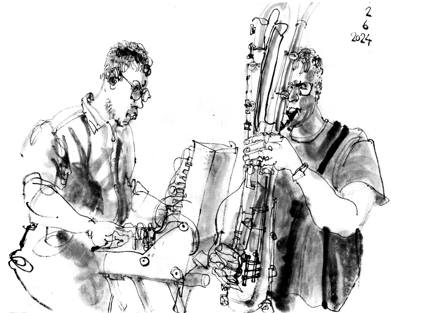 Ink drawing of a man, playing a synthesizer and another man playing the contrabass clarinet