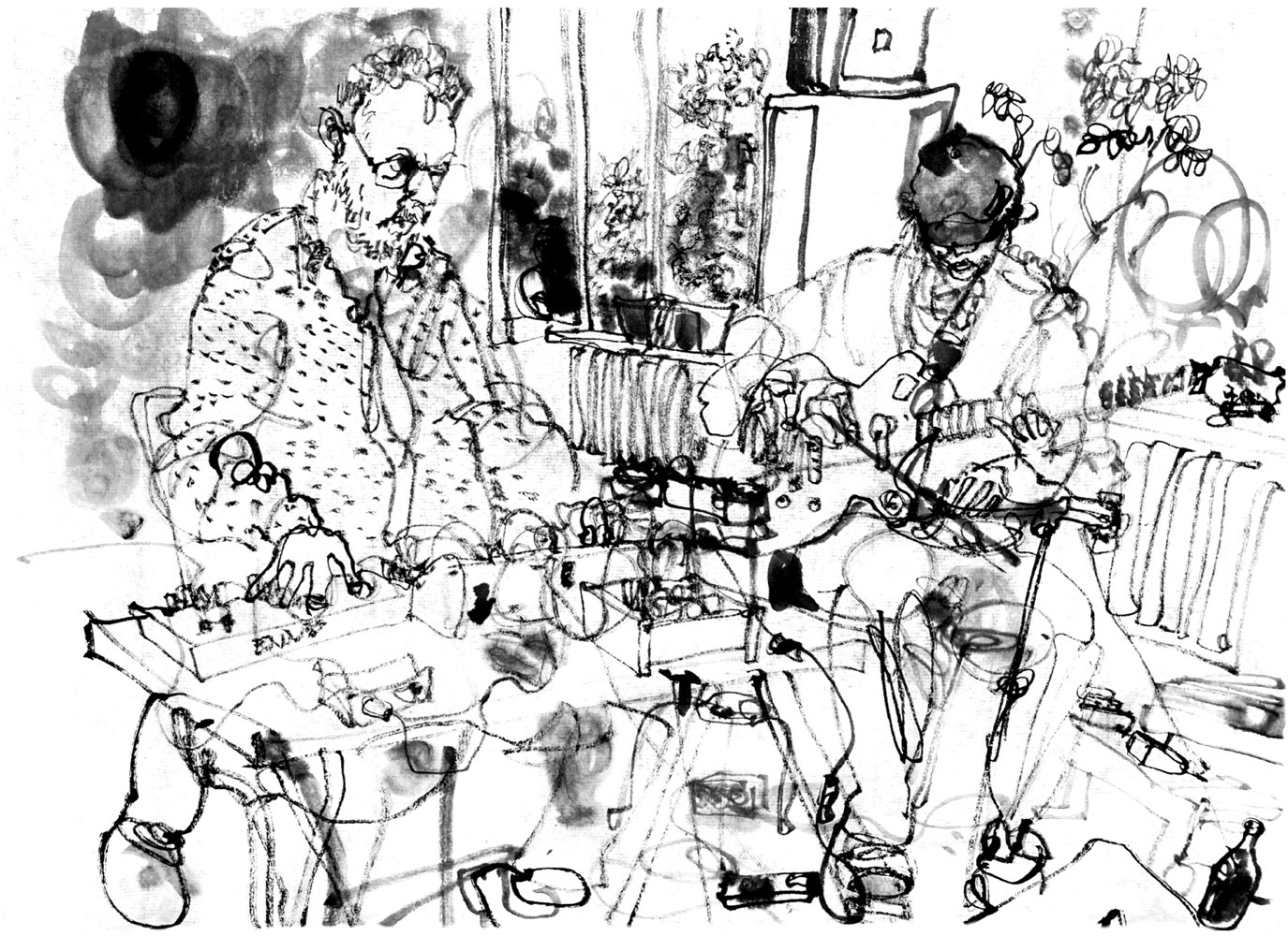 Ink drawing of two male musicians, electronics, and guitar/daxophonr (the later is a rhin piece of wood, attached to a srand, played wit a bow)